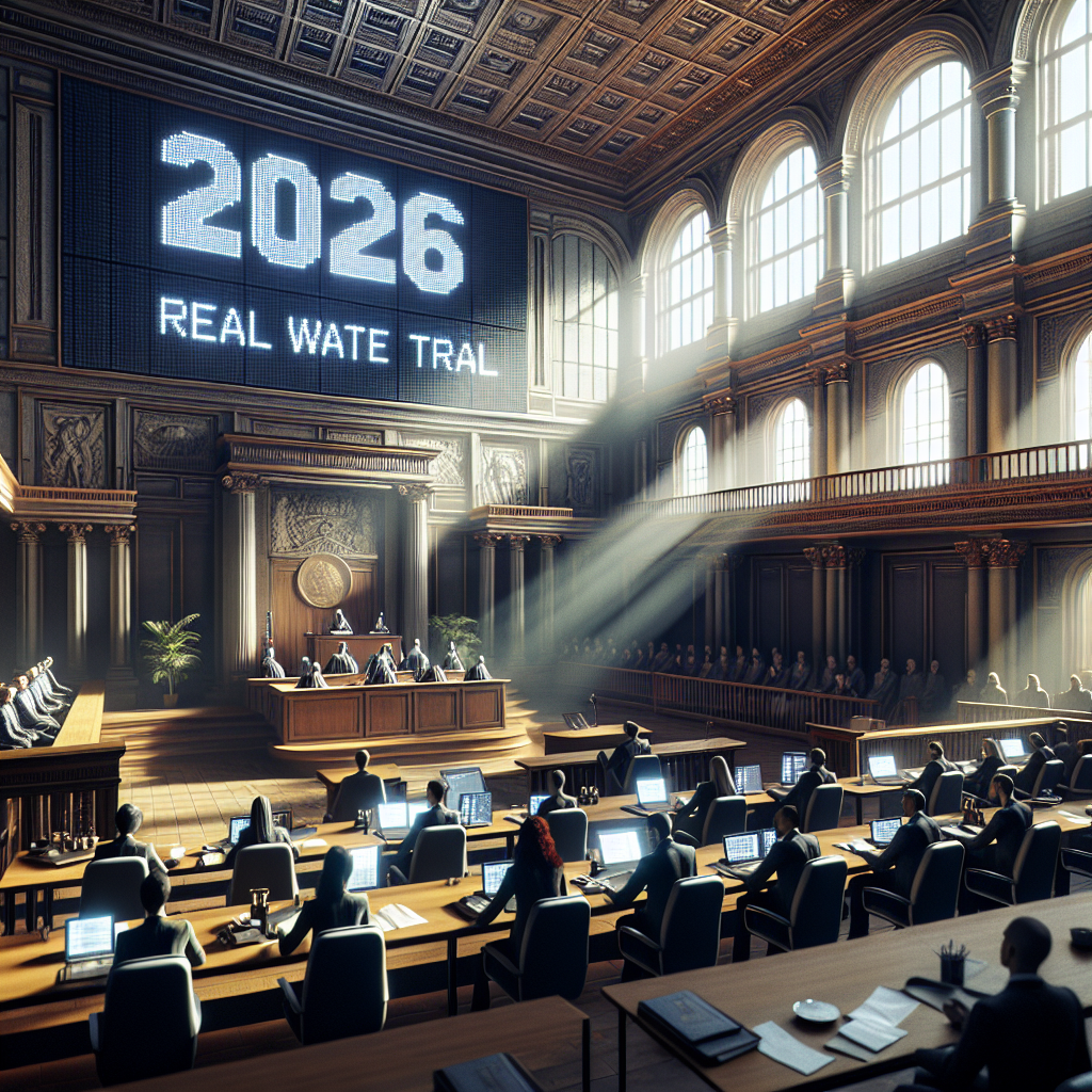 A striking courtroom scene set in the future year of 2026. The architecture of the courtroom fuses modern design with traditional elements, suffused in natural light streaming in from large windows. A large digital display behind the judge's podium shows the date, highlighting its significance. The room buzzes with anticipation as lawyers, of varied descents and genders, prepare their arguments over the 'Real Water Trial'. Their papers, tablets, and legal documents scatter the tables while the public gallery watches with bated breath. The atmosphere suggests a key moment in environmental law history.