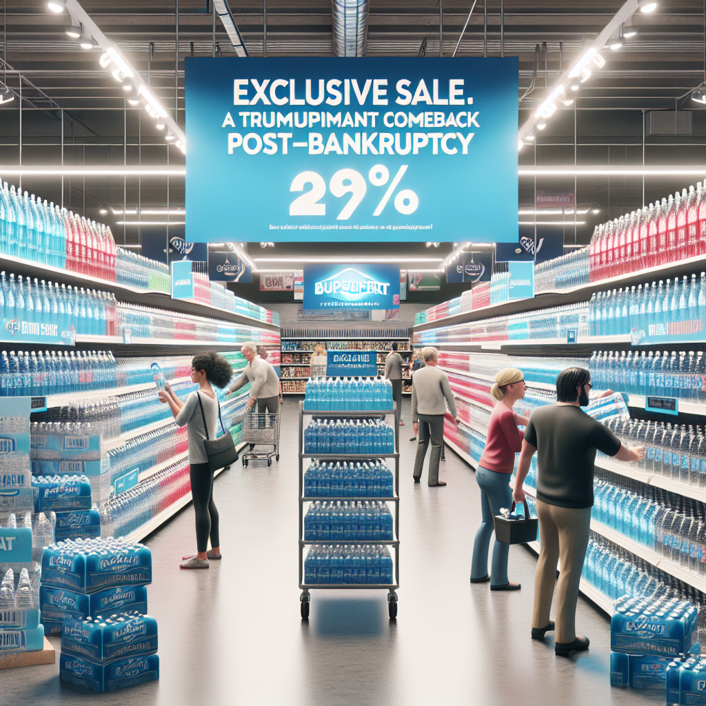 Generate a high-quality, photorealistic image displaying a supermarket scene where an aisle is decorated with the banners and stands of Real Water Brand products. Shoppers are actively choosing bottles from the aisle, with expressions of interest and delight. A large sign overhead reads 'Exclusive Sale: A Triumphant Comeback Post-Bankruptcy'. The atmosphere suggests a successful resurgence, evoking vibes of triumph and revitalization.
