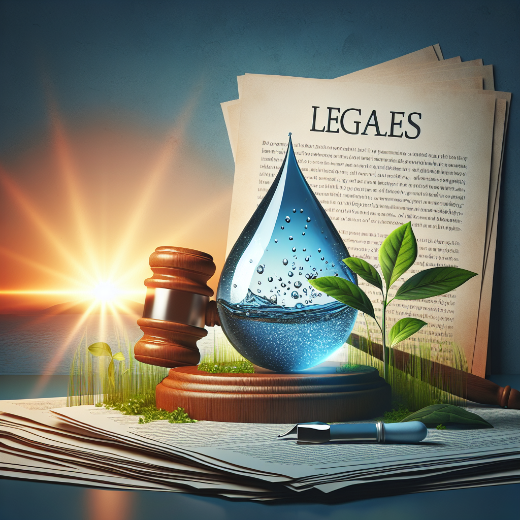 Visualize an image dedicated to the concept of water laws and regulatory changes. The image should display a gavel (a symbol of justice) next to a water droplet signifying water laws. The backdrop should be a paperwork containing legalese, hinting at the changes in regulations. A bright sunrise in the background can represent positive changes and optimism. Also have a green plant sprouting nearby signifying the positive impact of these rules on the environment. All these elements should be assembled in a tasteful and visually balanced manner to show the stunning and positive changes in water regulations.