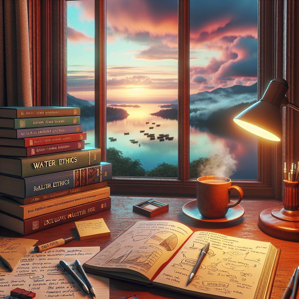 An image depicting a serene and studious environment. A stack of textbooks on 'Water Ethics' is prominently placed on a mahogany study table littered with pens, notes, and a lit table lamp. Adjacent, a window reveals a tranquil view of a pristine lake, bathed in sunset hues, representing the fundamental aspect of water in the discussion. A notebook, open on a relevant page with sketches and scribbled notes about 'Real Water Ethics,' lies on the table. The serene atmosphere is intensified by a cup of hot tea sitting on a paper coaster with the tagline 'Exclusive Must-Have College Study'.