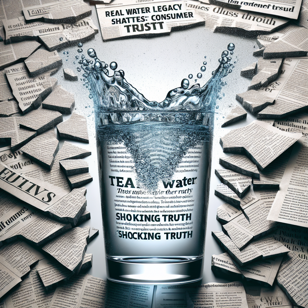 Visualize a concept illustrating a broken water glass with crystal clear water spilling. The water has tiny print-words swirling inside it, telling the 'shocking truth'. Set against a background of newspaper clippings related to 'consumer trust' in jagged, chaotic patterns. A large, bold headline at the top of the image reads, 'Real Water Legacy: Shocking Truth Shatters Consumer Trust'. The tone of the image is dramatic and impactful to echo the significance of the article's theme.