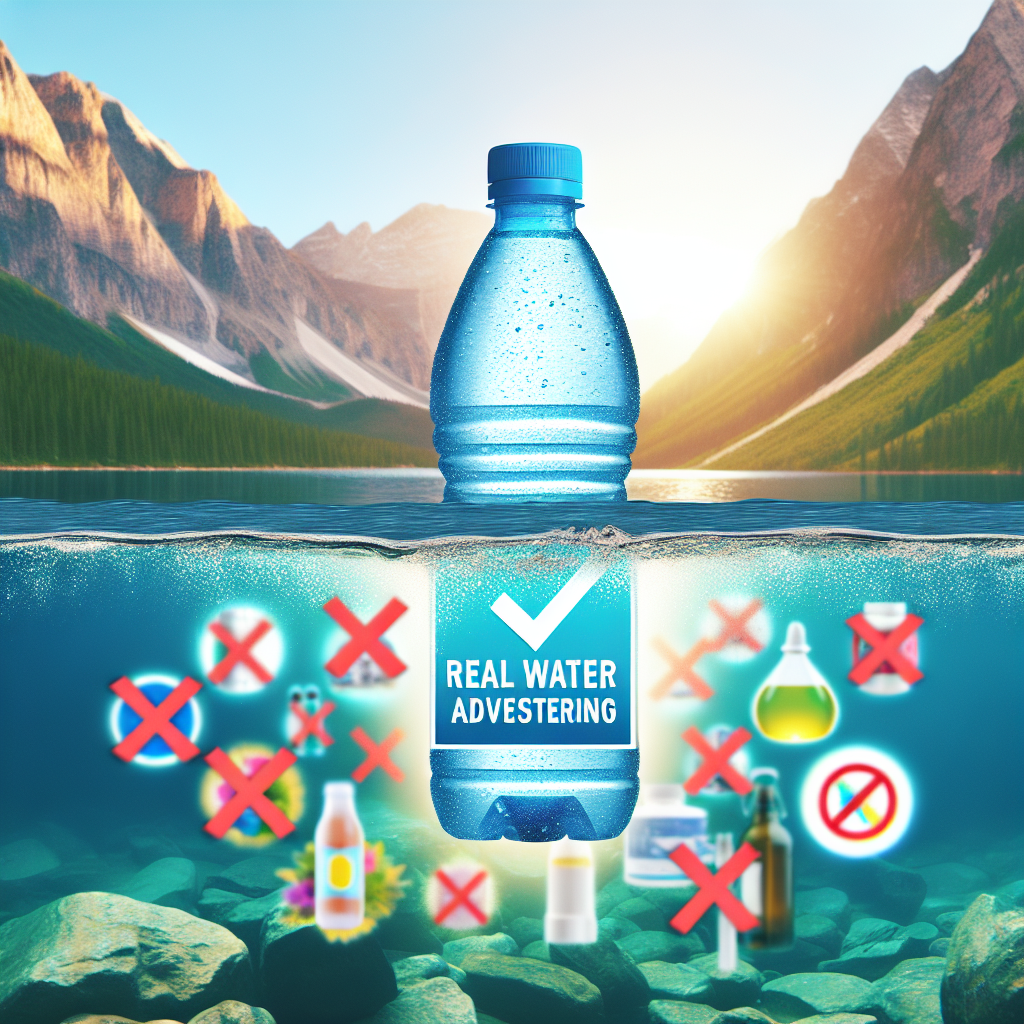 Generate a high-quality image that uses natural lighting and casts soft shadows. This image should represent a concept named 'Real Water False Advertising: Shocking Health Claims Exposed'. It should visually depict two elements: one representing 'Real Water' and the other representing 'False Advertising'. 'Real Water' could be interpreted as a pure, untreated water source like a pristine lake, spring, or mountain stream. 'False Advertising' might be shown through contrasting images of dubious health products, possibly with x-markings or cross symbols to indicate their invalidity.