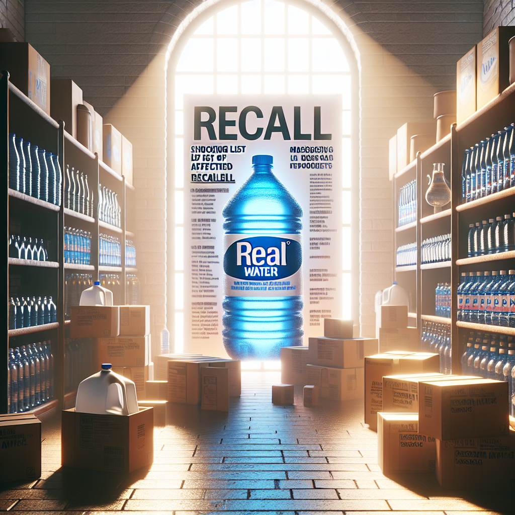 Generate a high-quality, photorealistic image that illustrates a scene of 'Real Water Recall'. The scene should feature various products like sealed plastic bottles, jugs and glass bottles, indicating a massive recall. The items are in a well-lit environment with natural light streamlining in, casting soft shadows around. Accompany this scene with textual elements such as 'Shocking List of Affected Items' on a signboard or banner nearby. The focus should be on the seriousness and scale of this recall situation.