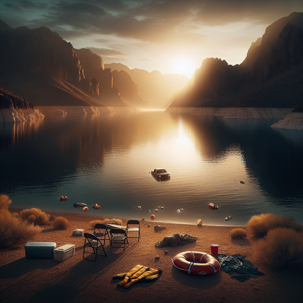 Create a poignant scene set in Nevada portraying a somber water-related accident. Visualize a tranquil but eerie lake under the ethereal glow of a setting sun, surrounded by craggy desert mountains. There are abandoned personal belongings scattered around - a deserted picnic setup, a lonely lifejacket floating on the shimmering water, an empty vehicle parked nearby - hinting at the tragedy that occurred here. Highlight the ironic juxtaposition of the stunning and seemingly peaceful landscape with the heartbreaking event it witnessed. The image should cast soft shadows and be lit by natural ambient lighting, conveying an overriding sense of loss and shock.