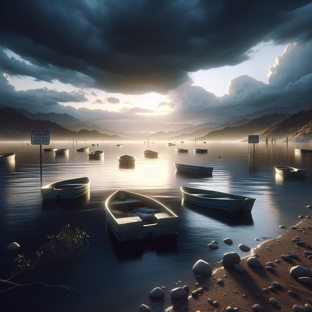 A photorealistic image that portrays an unsettling scene at a Nevada lake, with a palpable sense of loss and sadness. The image should depict empty, drifting boats under a threatening sky and natural lighting, creating soft shadows on the water's surface. Please include warning signs about water safety, hinting at a recent tragedy but not showing any direct evidence of fatalities.