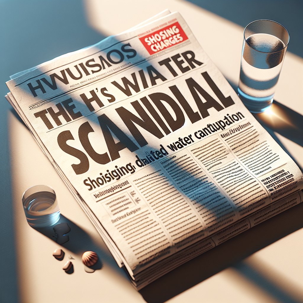 Create a photorealistic image that depicts the concept of a 'Water Scandal.' Show a newspaper with headlines about shocking charges related to water contamination. Ensure that there are soft shadows and natural lighting illuminating the scene. Show the element of surprise or shock through the newspaper's design and presentation.