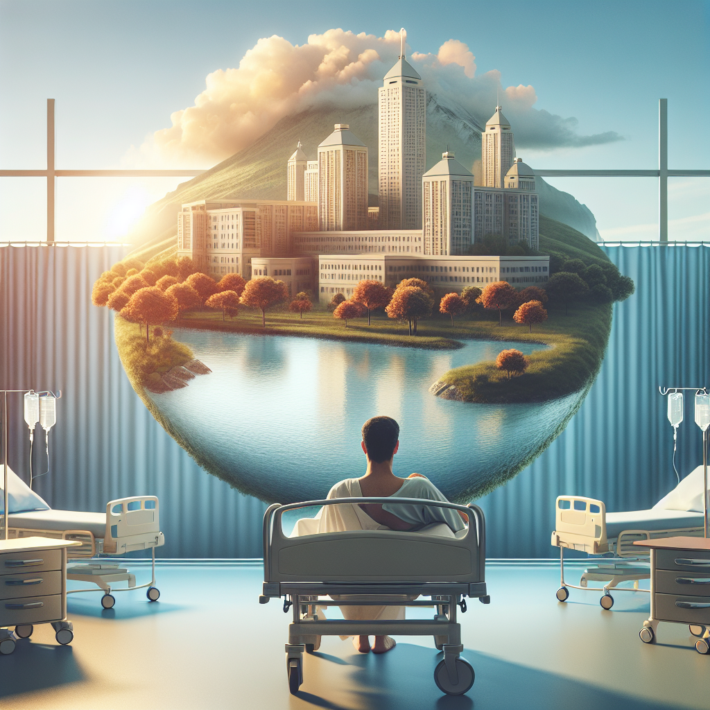 Create a realistic image with a well-lit setting and soft shadows. The central theme is a hospital situated near a body of water, offering a stunning view. Include a depiction of a recovery room with a patient showing signs of improvement. The patient is a Middle-Eastern man. The overall ambiance of the image should be soothing and calm, symbolizing hope and healing.