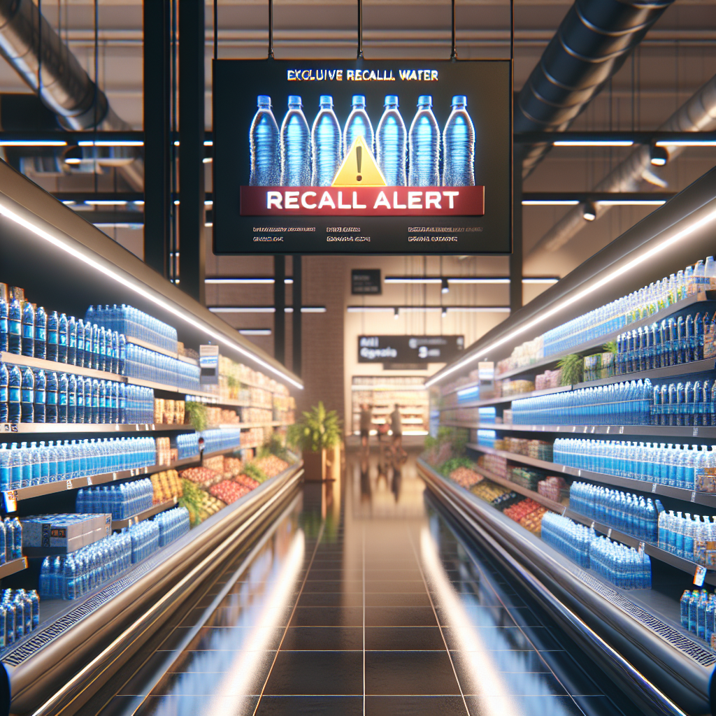 Create a photorealistic image portraying a supermarket scene, focusing on a section dedicated to bottled water. The section features a warning sign that reads 'Exclusive Recall Alert'. The lighting is natural and there are soft shadows adding realism to the scene. The overall ambiance of the supermarket is active with various shoppers exploring different aisles.