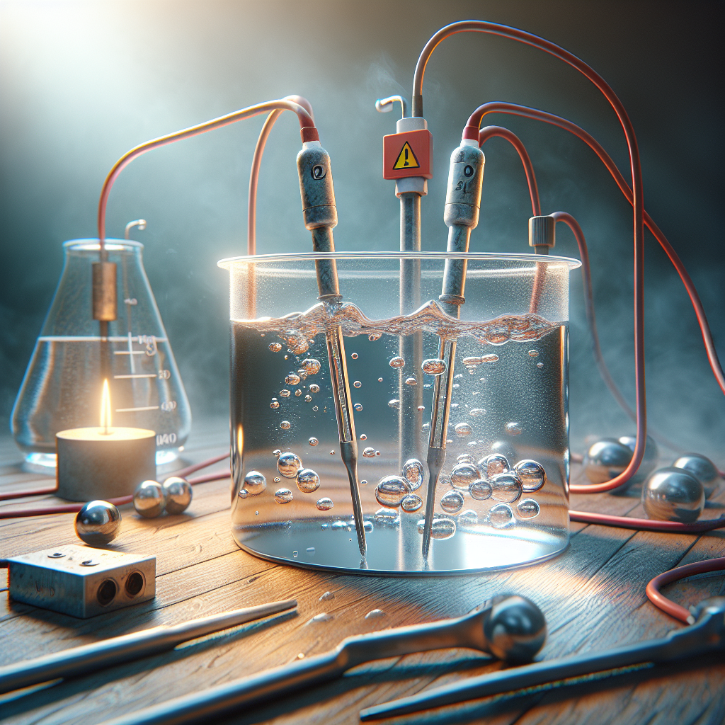 Create a high-quality, photorealistic image portraying the process of electrolysis on water. Show two electrodes immersed in a water container, connected to a power source. Display the resulting released gases, oxygen and hydrogen. Include danger signs and visual metaphors to convey the shocking risks associated with such experiments. Employ natural lighting and soft shadows to render the scene in a realistic manner.