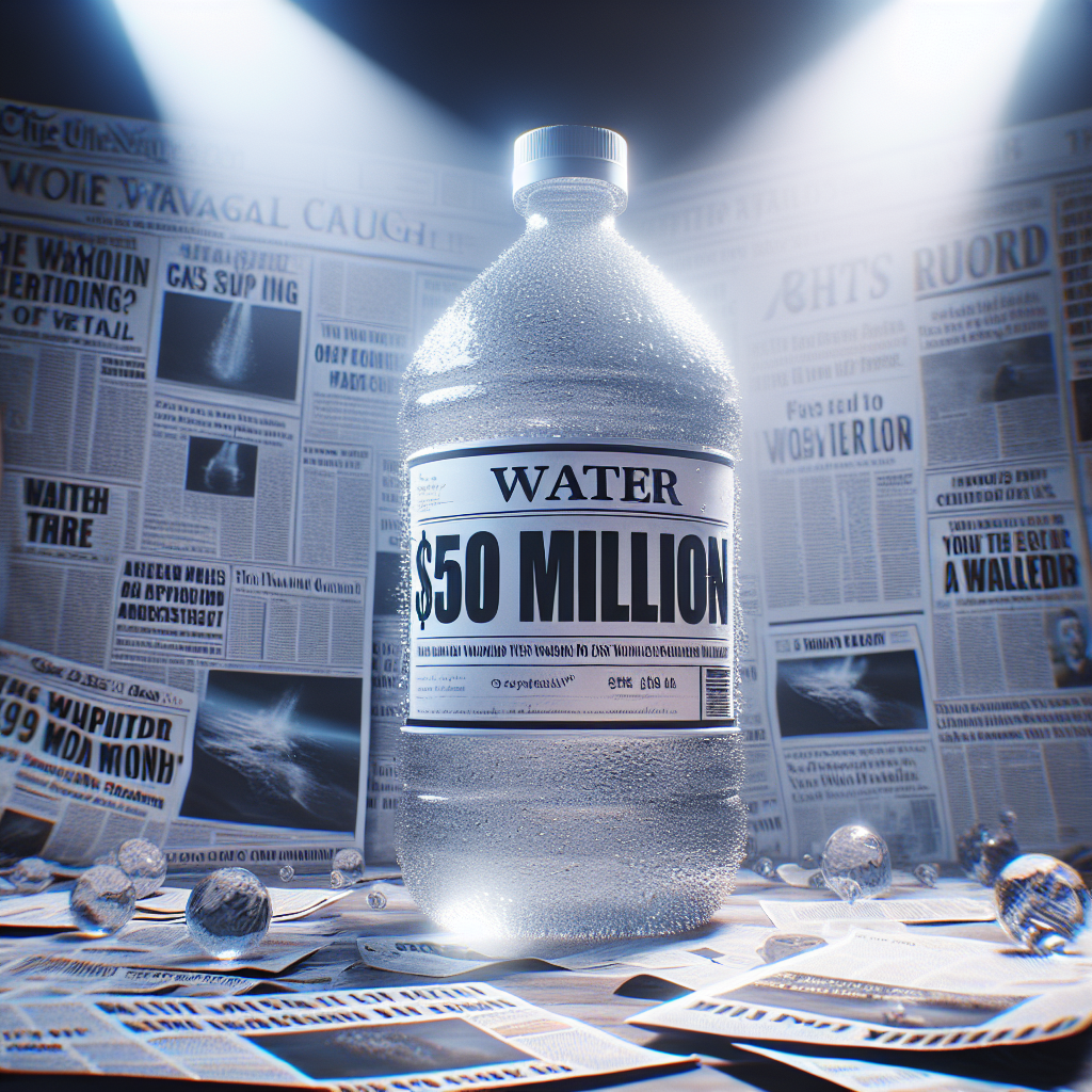 An image reflecting the shocking claim of Real Water valued at $50 Million. This scene unravels under natural lighting, casting soft shadows over every element in the image. It portrays a large bottle of water, glistening, with a prominent price tag that says '$50 Million'. The background features news headlines and newsprint, in stunned disbelief, revealing the astonishing claim.