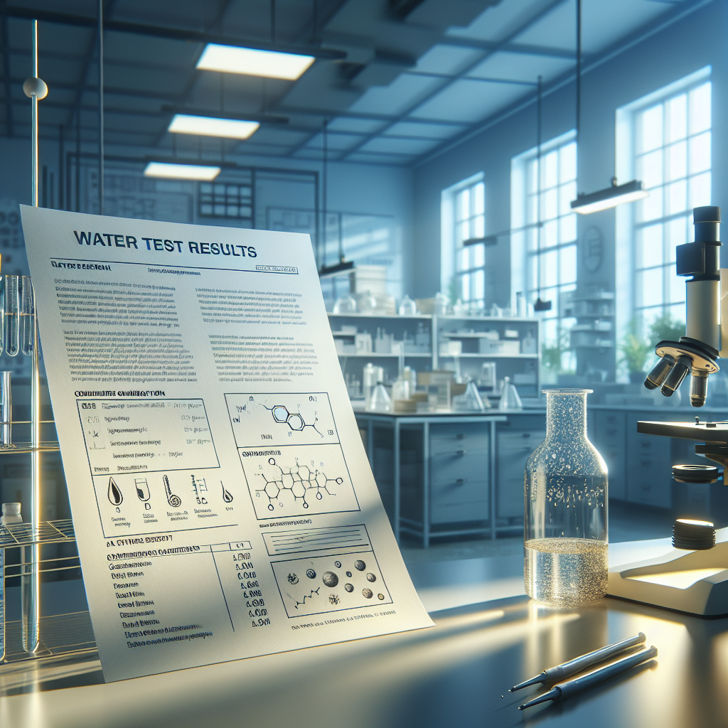Create a detailed and high-quality photorealistic image showcasing a laboratory setting. In the scene, there is an open laboratory report titled 'Water Test Results' with evidence of contamination being unveiled. The report shows infographics and diagrams of various unwanted elements found in the water sample. The lab is filled with natural lighting, creating soft shadows on the various objects and equipment present. The environment suggests serious scientific research and analysis.