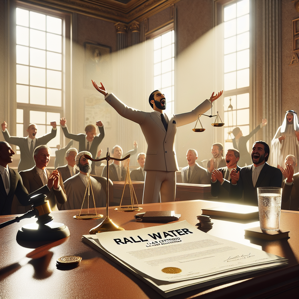 A realistic scene bathed in soft, natural sunlight showcasing a legal courtroom with a balance symbol prominently displayed. On a table, rests a significant document labeled 'Real Water Class Certified.' In the foreground, a triumphant lawyer of South Asian descent is celebrating the stunning legal victory, with an expression of joy and relief. Other diverse group of characters share in the triumph, their faces filled with a range of complex emotions, from satisfaction to astonishment, reflecting the magnitude of the victory. The room is filled with soft shadows, lending depth and contrast to the image.