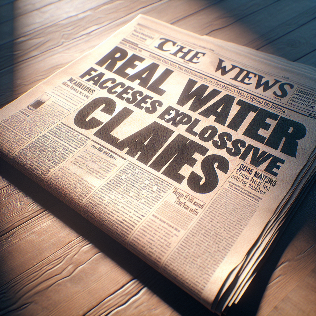 Generate a photorealistic image of a newspaper article with large headlines saying 'Real Water California Faces Explosive New Claims'. The headlines are written in bold, black, serif font, and the newspaper lies on a wooden table. Natural lighting is illuminating the paper, causing soft shadows to appear and creating a warm, inviting ambiance. The rest of the page is filled with small text and a few related images that subtly capture the essence of the news without overtaking the headlines. Please maintain a realistic representation throughout.