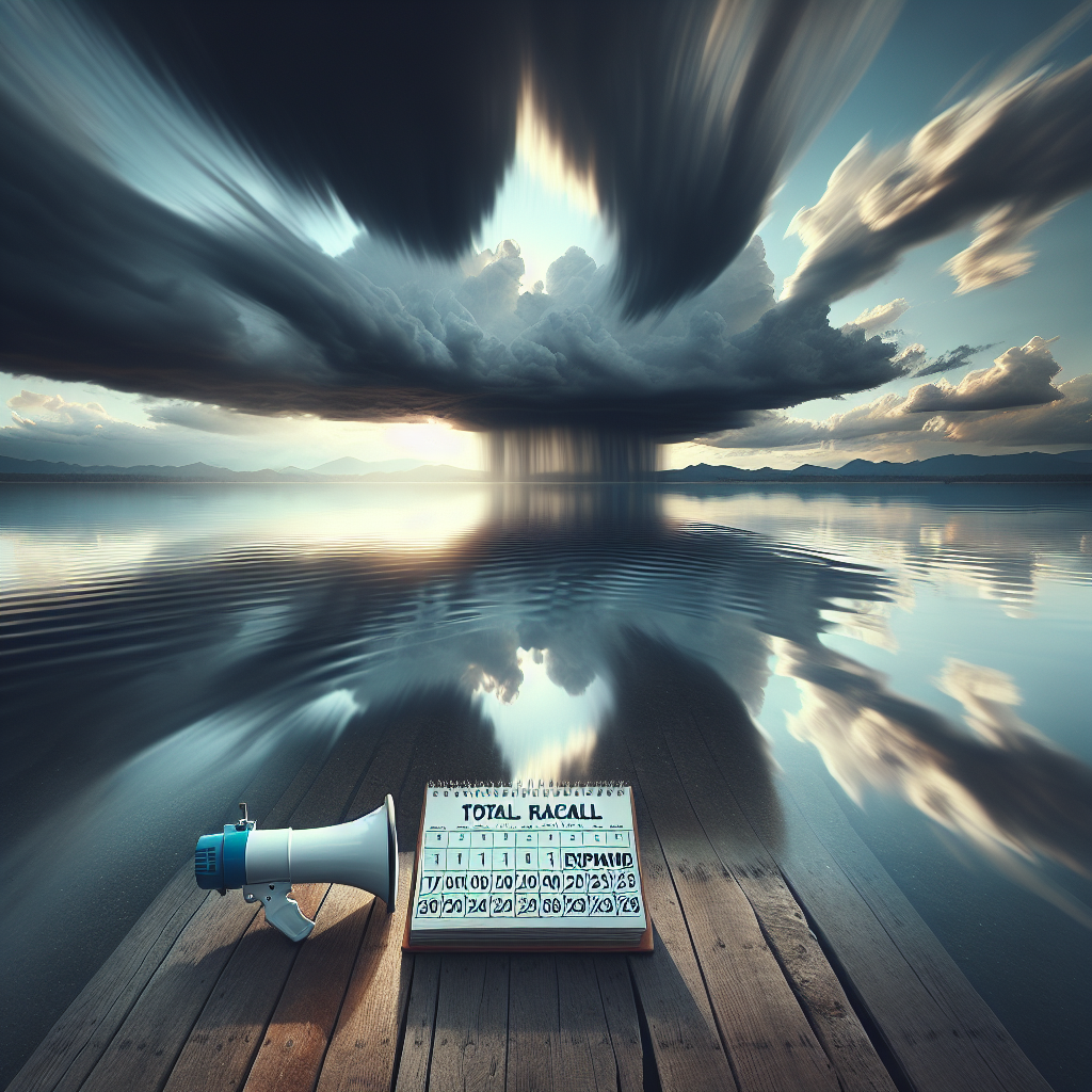Generate a high-quality photograph capturing the concept of Real Water Total Recall: Urgent Expanded Alert. This image should embody the urgency often associated with alarms or warnings. Depict a clear body of water, possibly a calm lake, reflecting a dramatic sky full of fast-moving clouds - an indication of an incoming storm. Use natural lighting to highlight the shadows finely, adding softness to the overall scene. Improvement elements such as a bullhorn or an emergency beacon to represent the 'Alert' and an old school style calendar flipped open on a crucial date to represent 'Total Recall'.