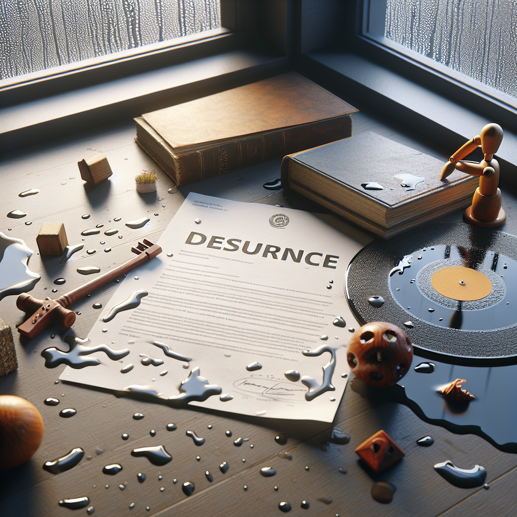 A photorealistic image representing the concept of denied insurance coverage for water damage. The scene is illuminated by natural lighting and casts soft shadows. In the center, there's a soaked letter with bold print indicating the refusal of an insurance claim. Around it, scattered on the table are various objects suggestive of water damage: a soggy book, a waterlogged wooden ornament, and a deformed vinyl record. In the background, water droplets can be seen on a window reflecting the gray sky outside, invoking a sense of desperation and sadness.
