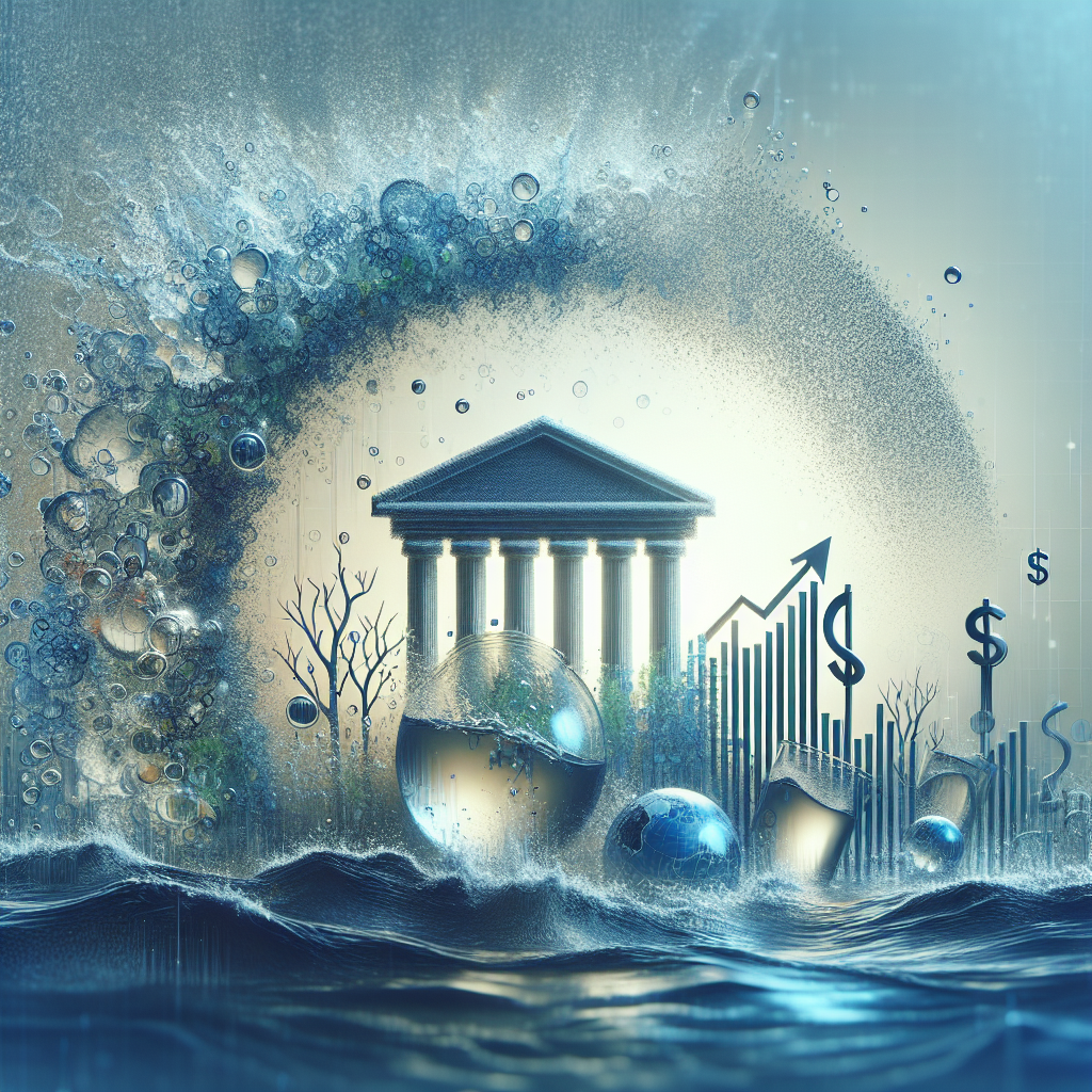 Generate a photorealistic image illustrating an abstract representation of a major financial shock related to water assets. Depict the concept of bankruptcy using soft shadows and natural lighting. Include the presence of a clear element representing water, as well as elements symbolizing finance and fraud in a dramatic and impactful way.