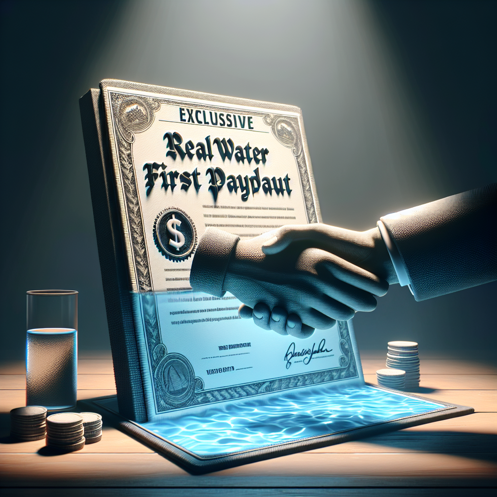 Create a high-quality, realistic image that represents an exclusive successful settlement, with a focus on the phrase 'Real Water First Payout'. The scene should be lit naturally, creating soft shadows. Include a formal setting, perhaps a document with 'Real Water First Payout' written on it, a handshake between two individuals indicating agreement, and a backdrop that suggests exclusivity and success. The atmosphere should evoke feelings of accomplishment and satisfaction.