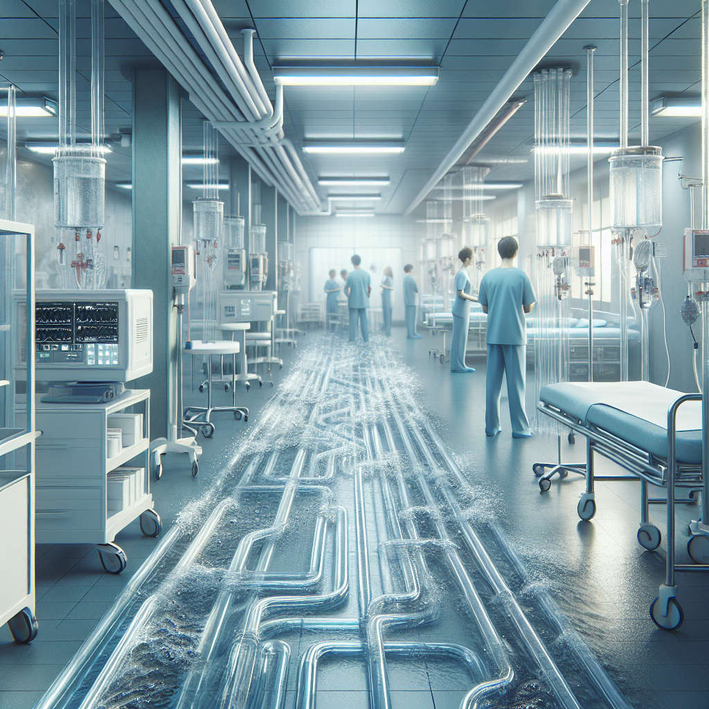 Visualize an alarming scene of a clean, modern hospital with medical equipment and staff in scrubs. The scene is uncanny as there is a network of pipes clear and filled with water running all around the building, symbolizing the concept of 'Water Hospitals'. The environment is partially dim lit, showcasing alarming elements such as 'Shock' and 'Recall', with soft shadows and natural light filtering in through windows. Subtly incorporate evidence of issues such as leakage, rusty pipes, or droplets of water, implying a recall scenario.