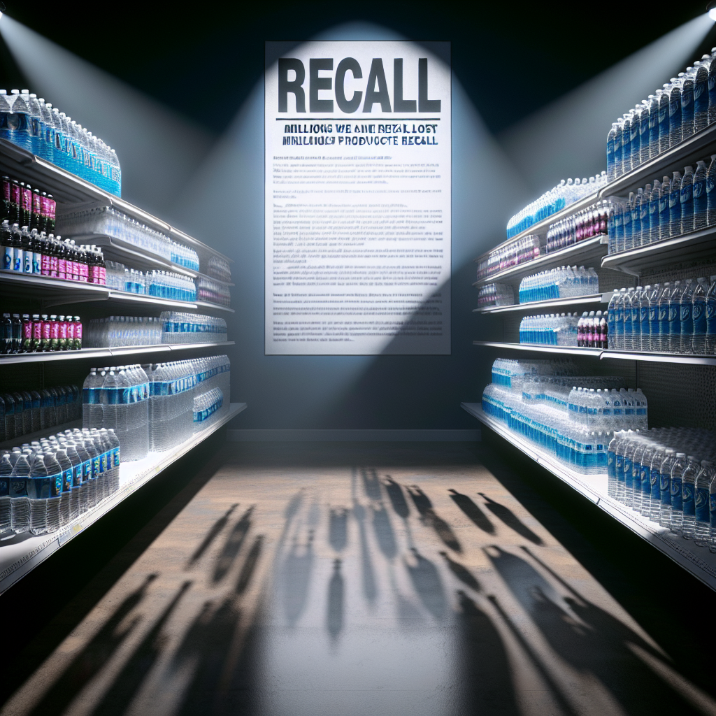 A dramatic depiction of a shocking event in the retail industry, where millions are presumably lost due to a product recall. The main focus of the image is a variety of bottled water brands on otherwise empty retail shelves. Displayed prominently is a recall notice in bold, legible text, illustrating the gravity of the situation. Soft shadows loom ominously, denoting the retail losses portrayed by the unoccupied spaces on the shelves. Additionally, ambient and natural lighting enhance the photo-realism of the scene.