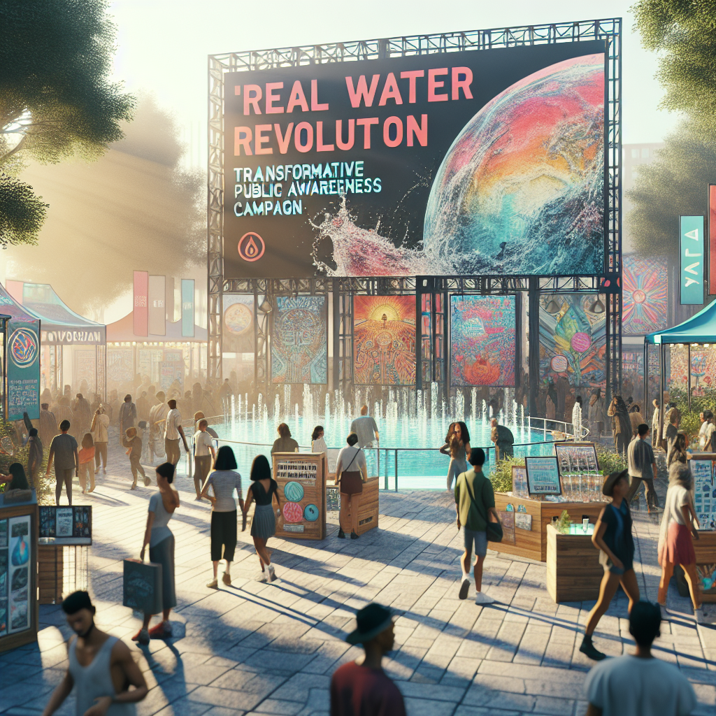Generate a high-quality, photorealistic image. The scene depicts a transformative public awareness campaign named 'Real Water Revolution'. Visualize a vibrant, open space filled with posters, banners, and information booths, all dedicated to advocating for water conservation. The setting is outdoors, drenched in natural sunlight that cast soft shadows. People of various genders and origins – Hispanic, Caucasian, Middle Eastern, South Asian, and Black – are seen interacting, learning, and expressing their support for the cause. The atmosphere is positive, contributing to the stunning impact of the campaign.
