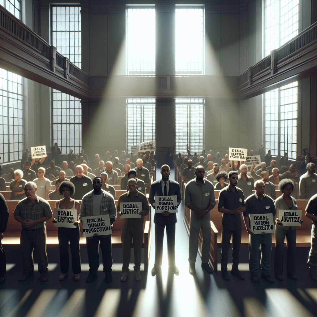 Generate a high-quality, photorealistic image depicting a somber courtroom scene. Natural lighting filters through tall windows, casting soft shadows on the floor. Several determined individuals - a mix of Black, Hispanic, Caucasian, and Middle-Eastern men and women - stand, unified in their demand for urgent justice. They hold signs expressing their cry for 'Real Water Prosecution'. The overall emotion in the room is intense, heartrending, and filled with fervor for a righteous cause, emphasizing that obtaining justice is the primary objective.