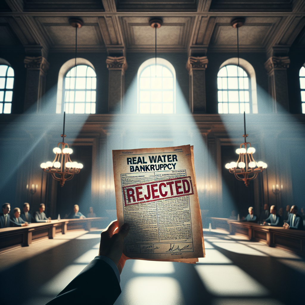 A dramatic depiction of a court room setting, illuminated by natural lighting which cascades through large windows, casting soft shadows on the decor. The central focus is on a paper document labeled 'Real Water Bankruptcy', marked with a large, bold 'REJECTED' stamp in red. The people in the background express stunned reactions, capturing the impact of the unparalleled court decision.