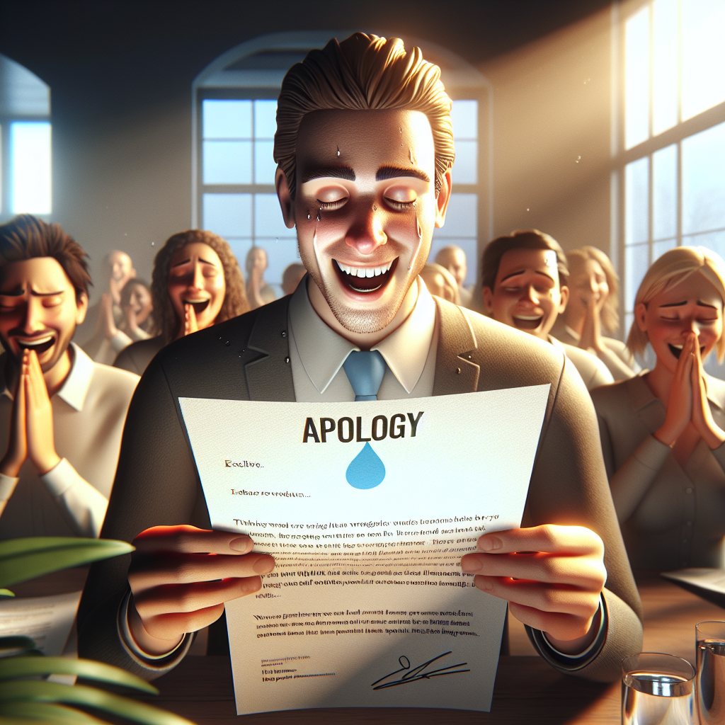 Create a photorealistic image under natural lighting with soft shadows. In the scene, individuals who have been wronged are experiencing delight as they are reading an exclusive, sincere apology letter. The letter pertains to an issue involving water. The individuals reveal a variety of emotional expressions such as relief, joy, and surprise while reading the letter.