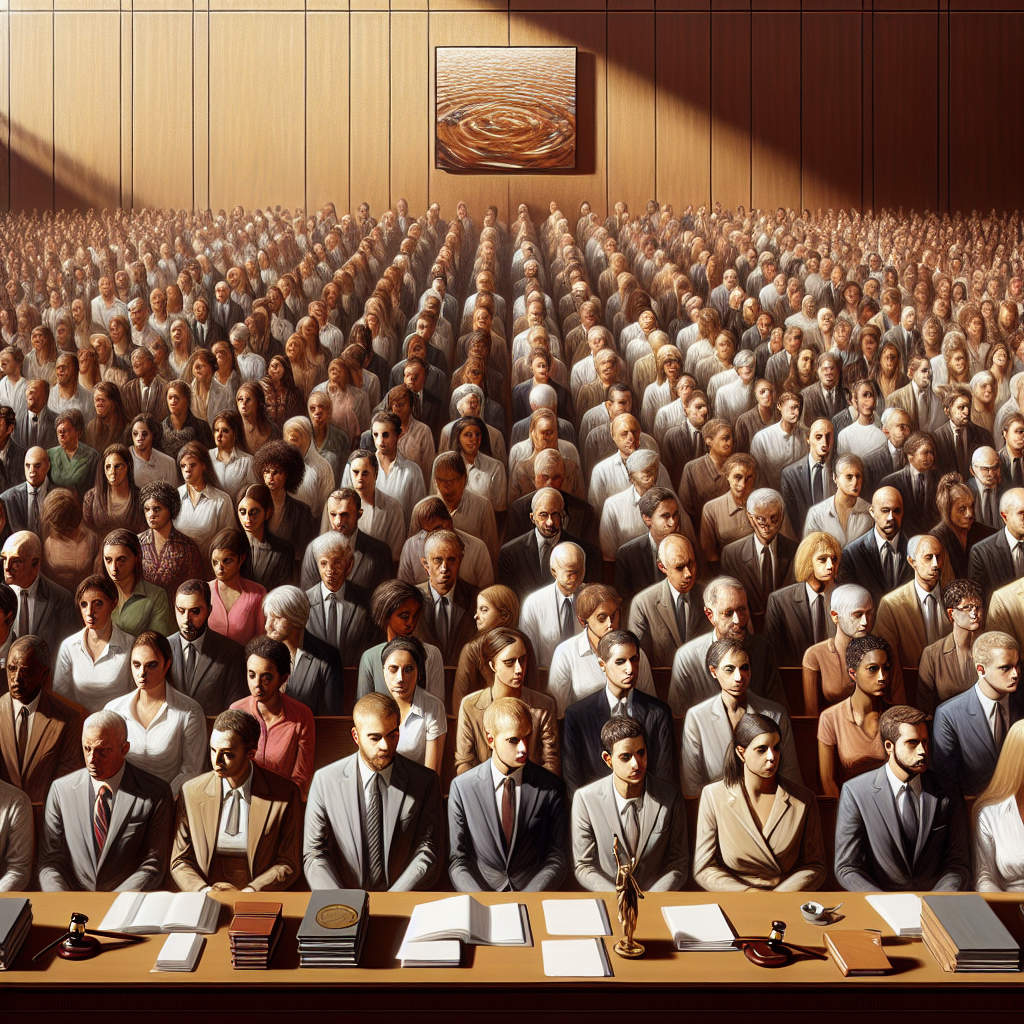 Generate a high-quality, photorealistic image using natural lighting and soft shadows that illustrates a courtroom scene with 500 diverse plaintiffs, representative of a variety of descents such as Caucasian, Hispanic, Black, Middle-Eastern, South Asian, White, distributed equally among the crowd. Create emphasis on the sense of mass legal action with the plaintiffs looking determined and exposed to we perceive as the depth of the situation. Add an element of water subtly incorporated into the scene, perhaps through a symbol or an artwork by the wall. Avoid direct depictions of specific individuals.