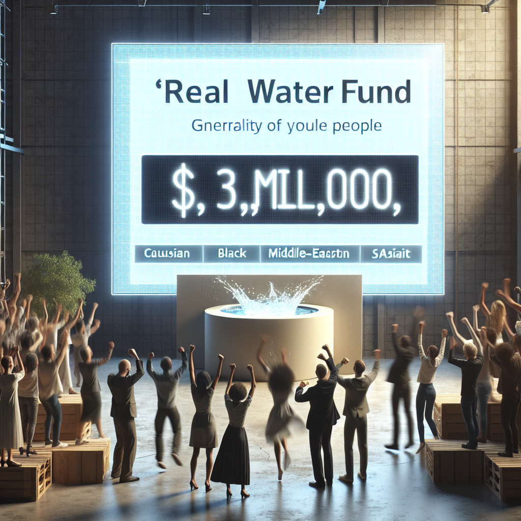 A beautifully detailed image of an emotional fundraising scene, where a large digital screen displays the words 'Real Water Fund' and a donation counter beside it impressive hits the $3 million mark, signifying the generosity of people. Show the scene under ambient natural lighting, creating soft shadows that gives depth to the image. Capture different people cheering, an array of diverse men and women reflecting a variety of descents such as Caucasian, Hispanic, Black, Middle-Eastern, and South Asian. They all express joy at reaching this uplifting milestone in their philanthropic mission.