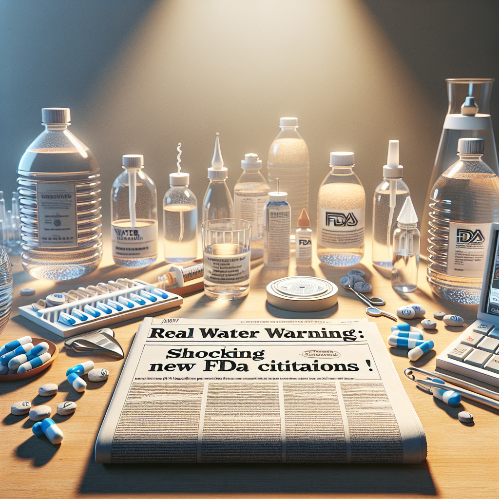 Envision a scene representing 'Real Water Warnings: Shocking New FDA Citations!' Craft a photorealistic image with an emphasis on natural lighting and soft shadows. The focal point could include a newspaper or a digital display showing these alarming headlines. Surround this by elements related to water safety like water bottles, water purification tablets, and FDA documents. The natural lighting should cast subtle shadows, adding intensity to the scene. Products and water should maintain a realistic appearance, reflecting the concern for water safety with the clarity and sharpness of a high-quality photograph.