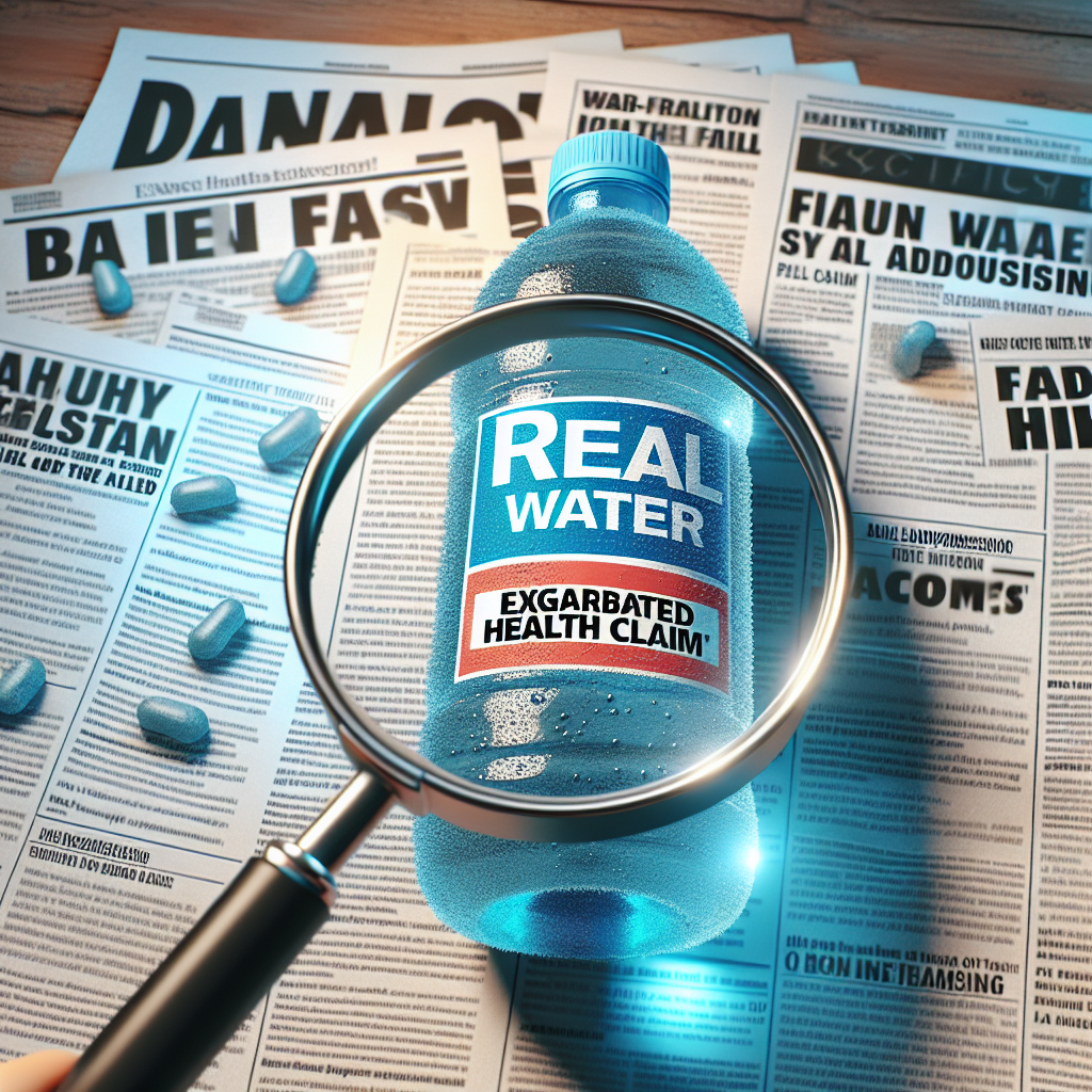 Create a high-quality photorealistic image showcasing a scandal centred around false advertising. The picture should highlight a bottle of 'Real Water' with exaggerated health claim tags on it. The scene should be filled with effects of natural lighting and soft shadows. To create an atmosphere of disbelief, include a magnifying glass hovering over the flamboyant health claim, symbolizing scrutiny. Add in newspaper headlines in the background expressing shock about the scandal, for dramatic effect.