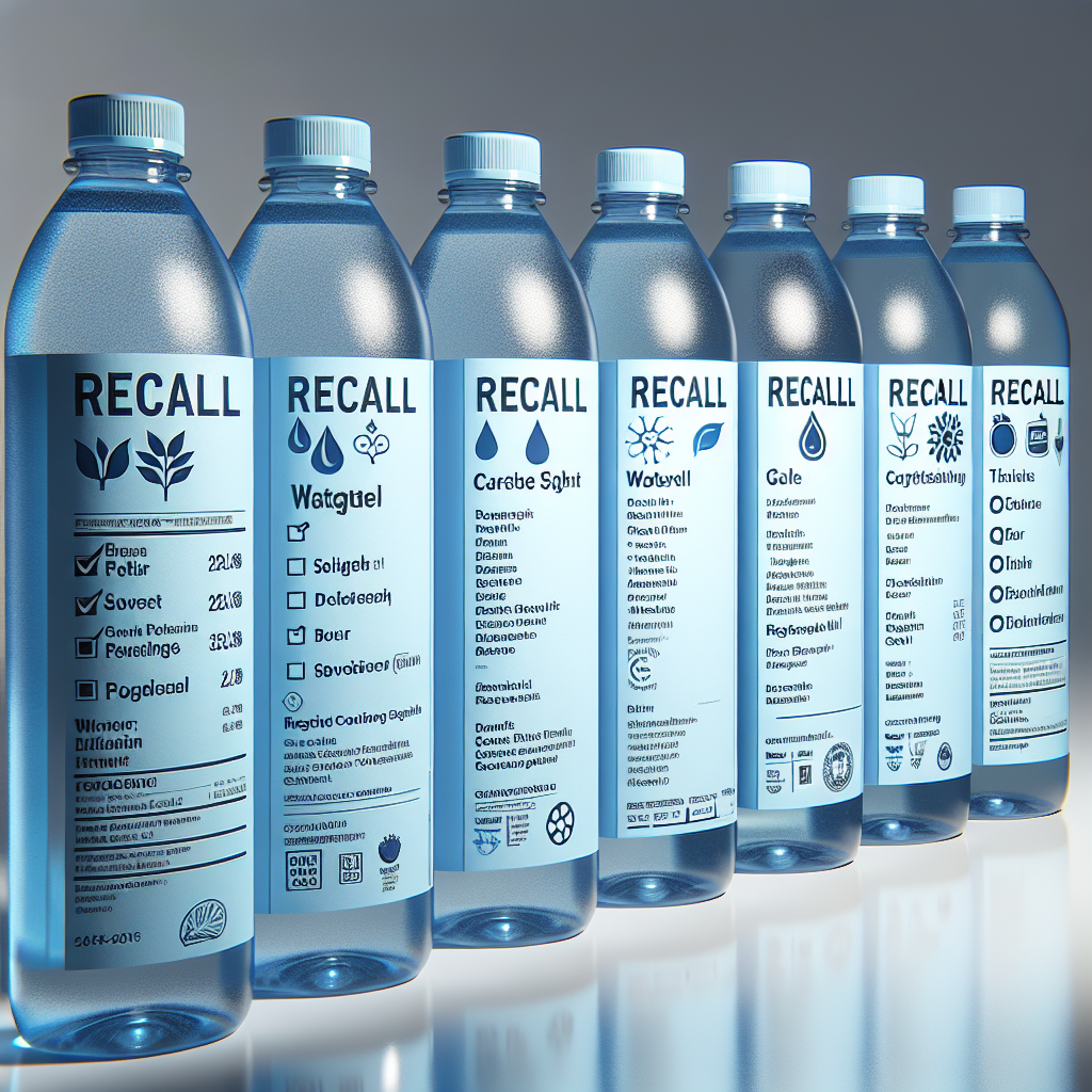 An image of a list of water products that are currently marked for recall. The list should appear realistic with details about each product, and be portrayed under natural lighting with soft shadows. Each item shown in the list is displayed clearly for easy reading.