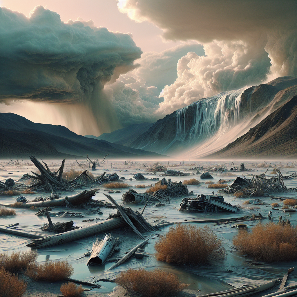 Generate a detailed picture showing a symbolic incident of a generic water-related disaster in Nevada. The scene should depict a desolate landscape with tattered and water-drenched pieces of debris, suggesting a tragic incident. The light should be natural, creating soft shadows across the dreary scene. No specific people should be visible to respect sensitive issues. The overall atmosphere should be shocking, expressing the gravity and severity of natural disasters.