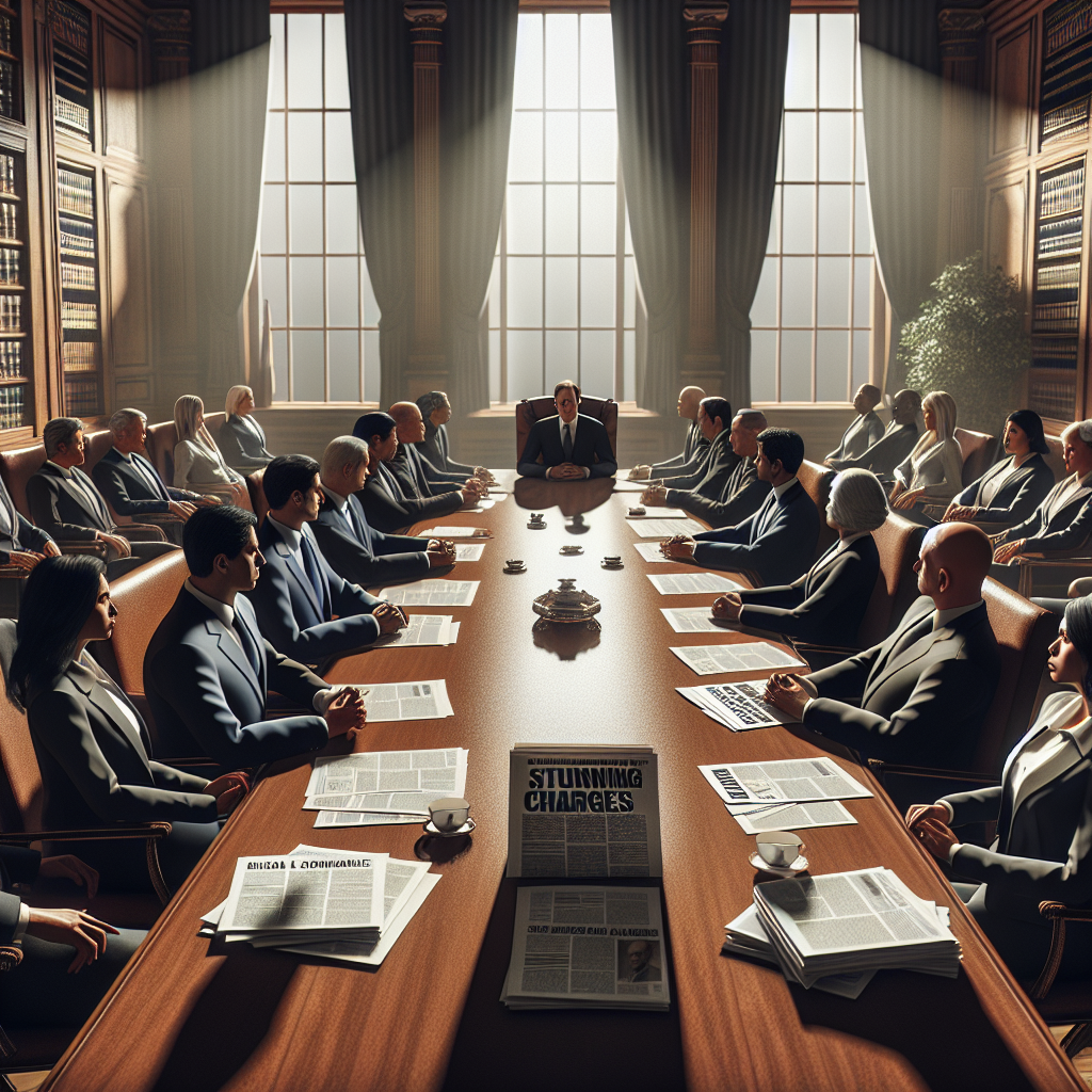 Create a photorealistic image depicting a tense boardroom scenario with soft shadows and natural lighting. The room is filled with diverse executives, including men and women of various descents such as Hispanic, Middle-Eastern, Caucasian, Black, and South Asian. There are documents scattered on the grand oak table with headlines that read 'Stunning Charges'. The atmosphere is charged with shock and disbelief.