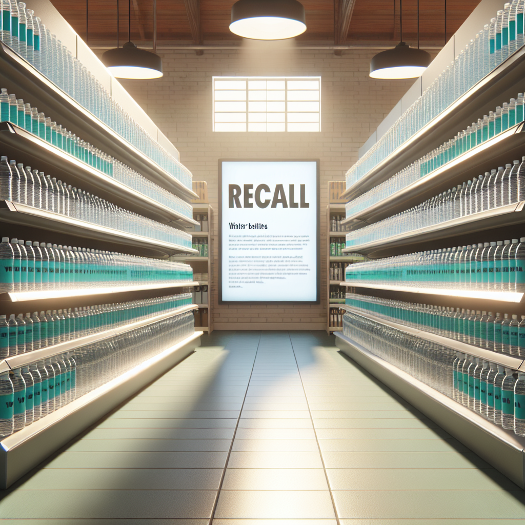 Generate a high-quality, realistic image illustrating the concept of a surprising recall alert at a department store, related to water bottles. Use natural sunlight to create soft shadows and to enhance the visual storytelling. The scene should show shelves filled with water bottles, accompanied by a recall notice that stands out. Please ensure that the design and name of the water bottles do not resemble any existing brands to avoid copyright infringement.