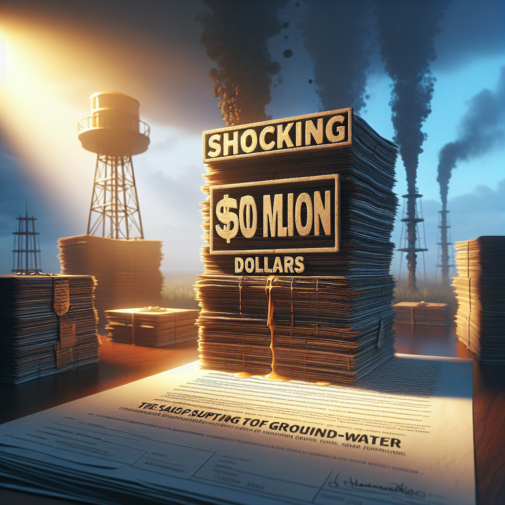 A visually realistic image showcasing the dramatic scene of a fictional shocking lawsuit, related to the groundwater worth at $50 million. The image emphasizes the dramatic tension of the scene, with soft shadows and natural lighting adding depth and texture to the image. In the middle, there's a thick stack of legal documents stamped with the number '50 million dollars'. The whole scene has a vibe of seriousness and shock, justifying the shocking nature of this legal case.
