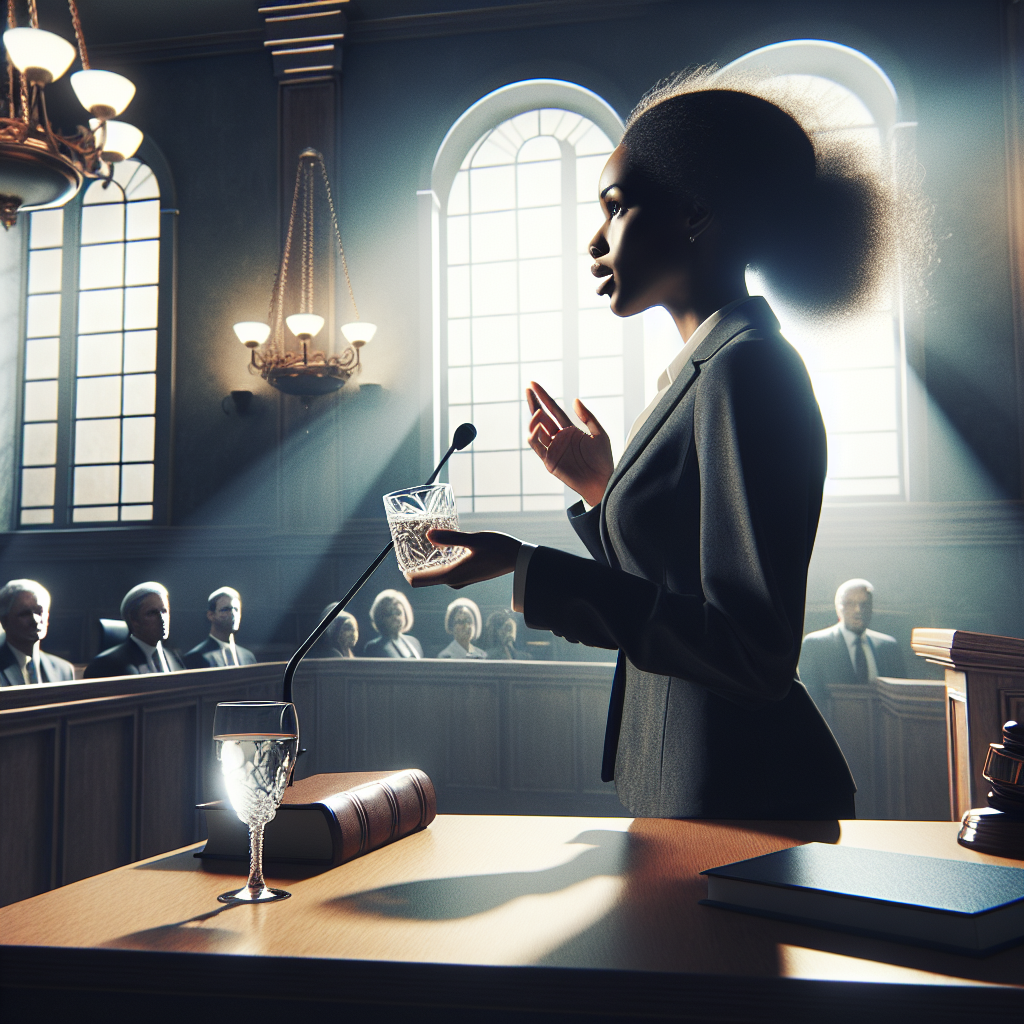 Create a dynamic image of a Black female attorney situated in a well-lit courtroom. She is passionately presenting her case, a glass of water by her side, symbolizing her specialization in water law. Light filters through the courtroom windows, casting soft shadows. The jury and judge are visibly captivated. Drama and anticipation fill the room as she is about to reveal stunning truths. The scene should reflect the gravity of the situation and the hope for justice.