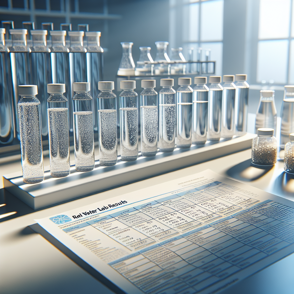 Create a high-quality, photorealistic image showcasing a laboratory setting with ample natural light casting soft shadows. In the foreground, prominently display a collection of sealed, labeled water samples with vastly differing purity levels, from pristine and clear to discolored and contaminated. These samples are lined up on a crisp, clean lab tabletop. There is a laboratory report laying next to these samples, open to a page titled: 'Real Water Lab Results'. The report highlights startling evidence of contamination with charts, graphs, and test data visibly elaborating on the significant differences between the samples.