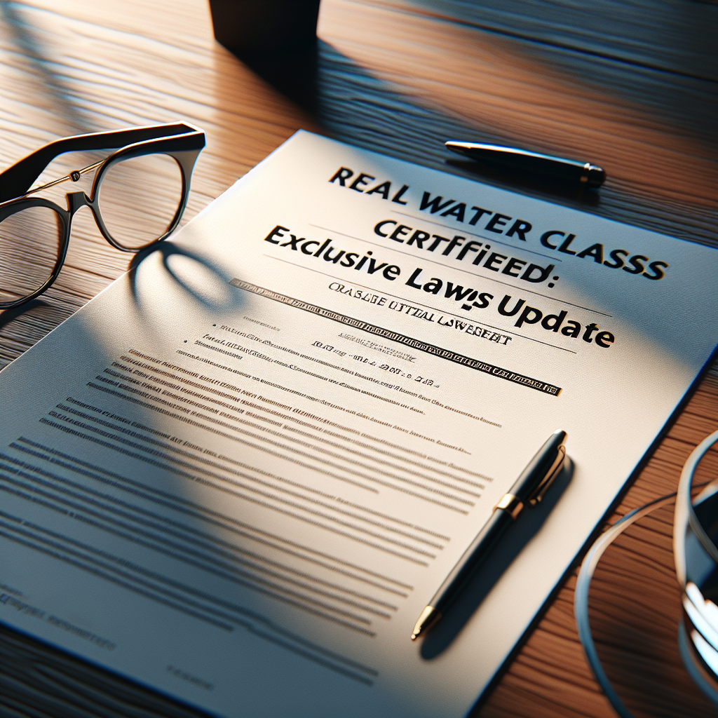 A photorealistic image featuring a legal document titled 'Real Water Class Certified: Exclusive Lawsuit Update' cast in natural lighting. The document lies on a hardwood table, surrounded by a pen, a pair of glasses and a cup of coffee. Soft shadows from the window fall upon the text, further emphasizing the serious tone of the document.