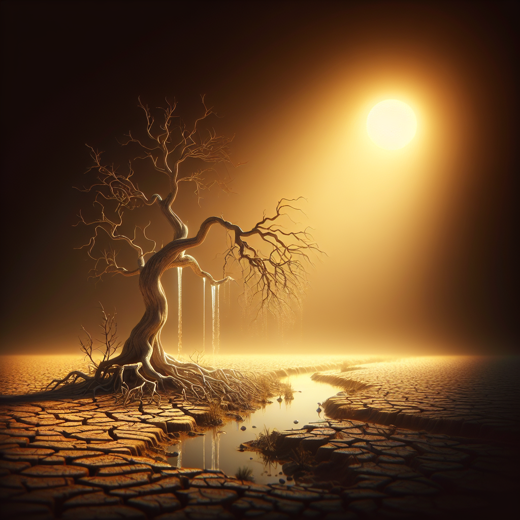 Visualize an abstract interpretation of the long-term impact of water scarcity on chronic illness. Show a shriveled landscape under the harsh sun representing water scarcity, metaphorically linked with the condition of chronic illness symbolized by a lone tree, withered and bent over. Ensure the image maintains a photorealistic quality, with natural lighting and soft shadows enhancing the narrative.