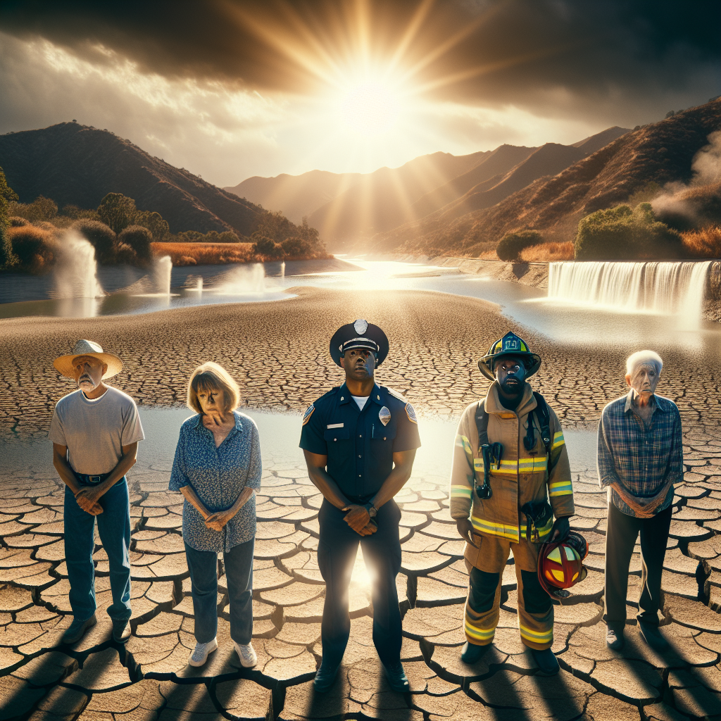 A dramatic scene portraying the impact of water scarcity in California. The image should capture parched land, dried river beds, and empty reservoirs under the blazing Californian sun. There are worried looks on the faces of Californians from diverse descents - perhaps a Hispanic farmer, a Black firefighter, a Caucasian park ranger and a South Asian homeowner. All affected, they stand united facing this critical situation. The sun casts soft, natural shadows, and the general ambiance should be both heartrending and stunning in its portrayal of this urgent issue.