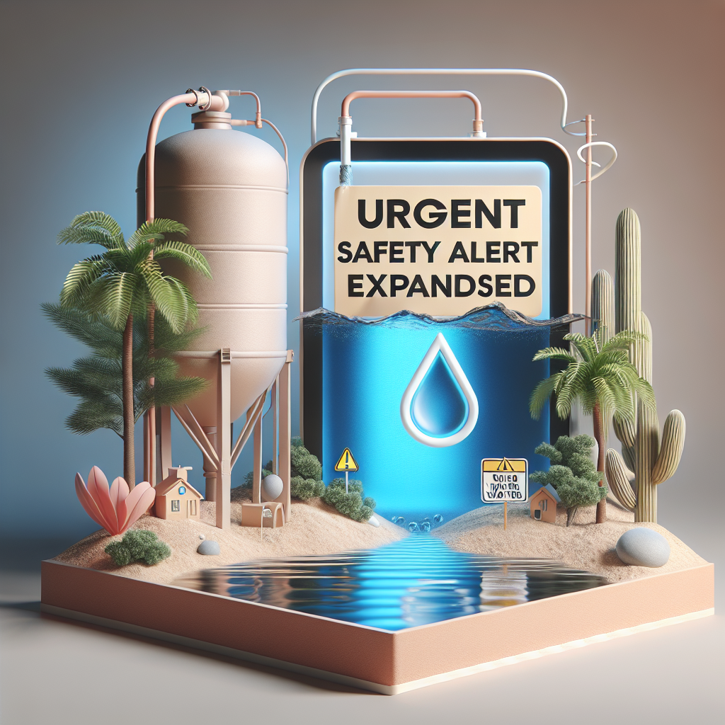 Design a high-quality, photorealistic image depicting a scenario that highlights an 'Urgent Safety Alert Expanded'. The scene should have a focus on 'Real Water', perhaps involving an advisory notice or warning about water contamination. Make sure to use natural lighting and soft shadows for an authentic effect.