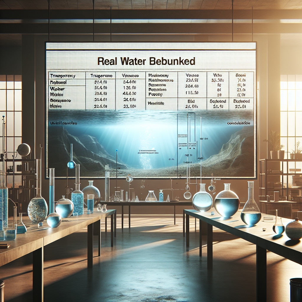 An image projecting a scientific analytical approach debunking the common understanding of water. The environment uses natural lighting and soft shadows to highlight several physical substances that are usually mistaken as water. Their material properties like transparency, viscosity, and refractive indexes are being calculated and displayed. A banner at the top says 'Real Water Debunked: Shocking Expert Analysis Revealed'. Presented in a style resembling a documentary, combining the narration tone of renaissance science with a touch of modern photography.