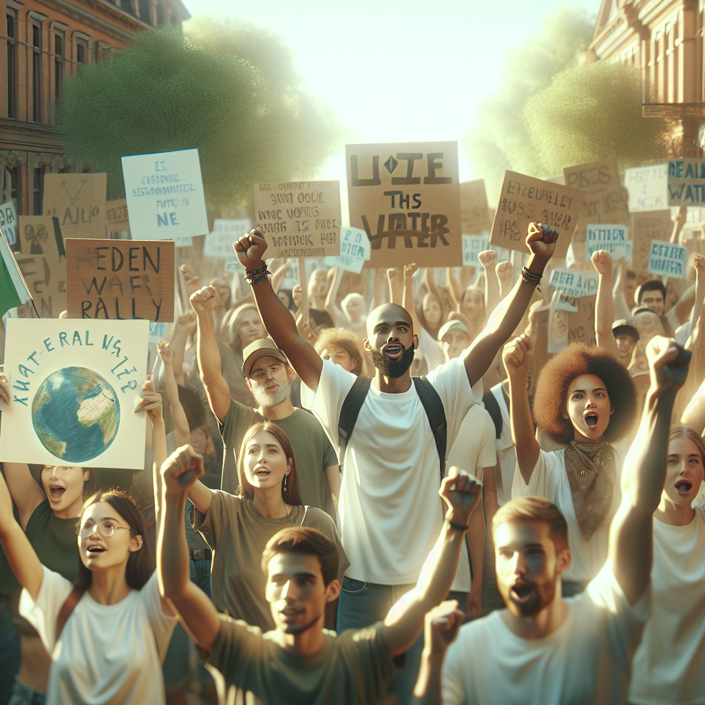 Generate a high-quality, photorealistic image using natural lighting and soft shadows. The scene is focused on a social cause event titled 'Real Water Rally'. The participants of the rally are an inclusive host of individuals from various descents and gender. The atmosphere is triumphant and positive as they protest for their cause. People hold up placards and banners, expressing their demands and hopes. The protest is positioned in a picturesque urban setting, infused with the spirit of unity, victory, and resilience.