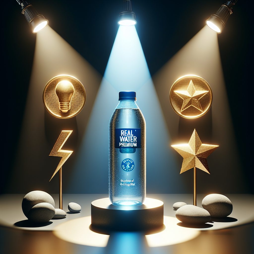 Visualize a scenario where there's a mesmerizing bottle of 'Real Water Premium' under a spotlight. The scene is composed with a balance of natural lighting and casts soft shadows around. On one side, represent shock symbols to indicate 'Shocking Risk', and on the other side, have golden stars standing for 'Quality'. The image should be seen as a paradox between two contrasting elements. Pay special attention to details ensuring a high-quality, photorealistic aesthetic.