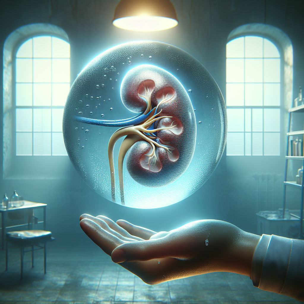 Create a photorealistic image conveying a concept of kidney health risks. The image should prominently feature a human kidney represented in the most lifelike way possible, appearing to be made of water to signify its fragility and importance. The surrounding environment should have natural lighting and soft shadows to support the realistic aspect of the illustration. The atmosphere may be slightly eerie or distressing to symbolize the serious topic of organ damage risks. Ensure the kidney is clearly visible and central to the composition.