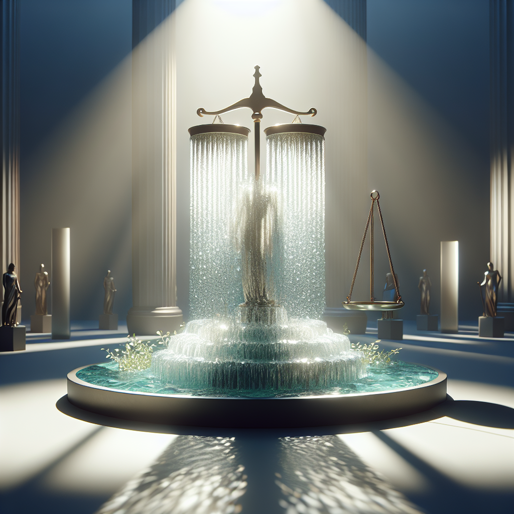 Visualize a symbolic scene representing a victorious outcome for victims. It may feature a cascade of clean, sparkling water, signifying purity and renewal. This centerpiece is surrounded by soft shadows and illuminated by natural light to capture the solemn but hopeful atmosphere. In the backdrop, you can subtly suggest a balance scale tilting on the side of the 'victims', portraying justice being served. Please omit any human figures from the scene to maintain the universal appeal and the focus on the symbol of victory.