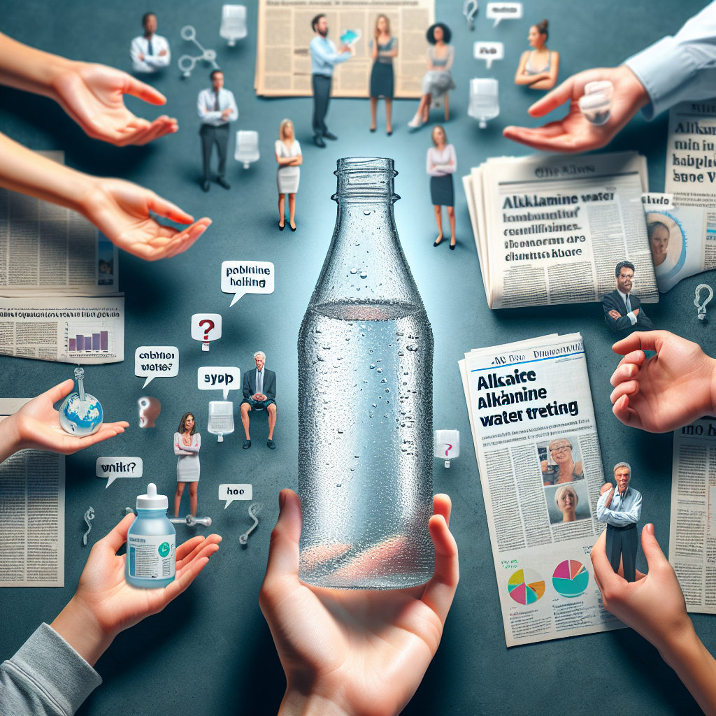 Create a visually compelling image that represents the debate around the 'Alkaline Water Trend'. Display a crystal-clear bottle filled with alkaline water, held by a diverse array of people showing different reactions reflecting skepticism, support, and questioning. Also include some soft shadows and natural lighting for aesthetics. Surround the main scene with newspapers, blogs, and research papers with titles questioning and analyzing the pros and cons of alkalinized water, symbolizing the ongoing controversy.