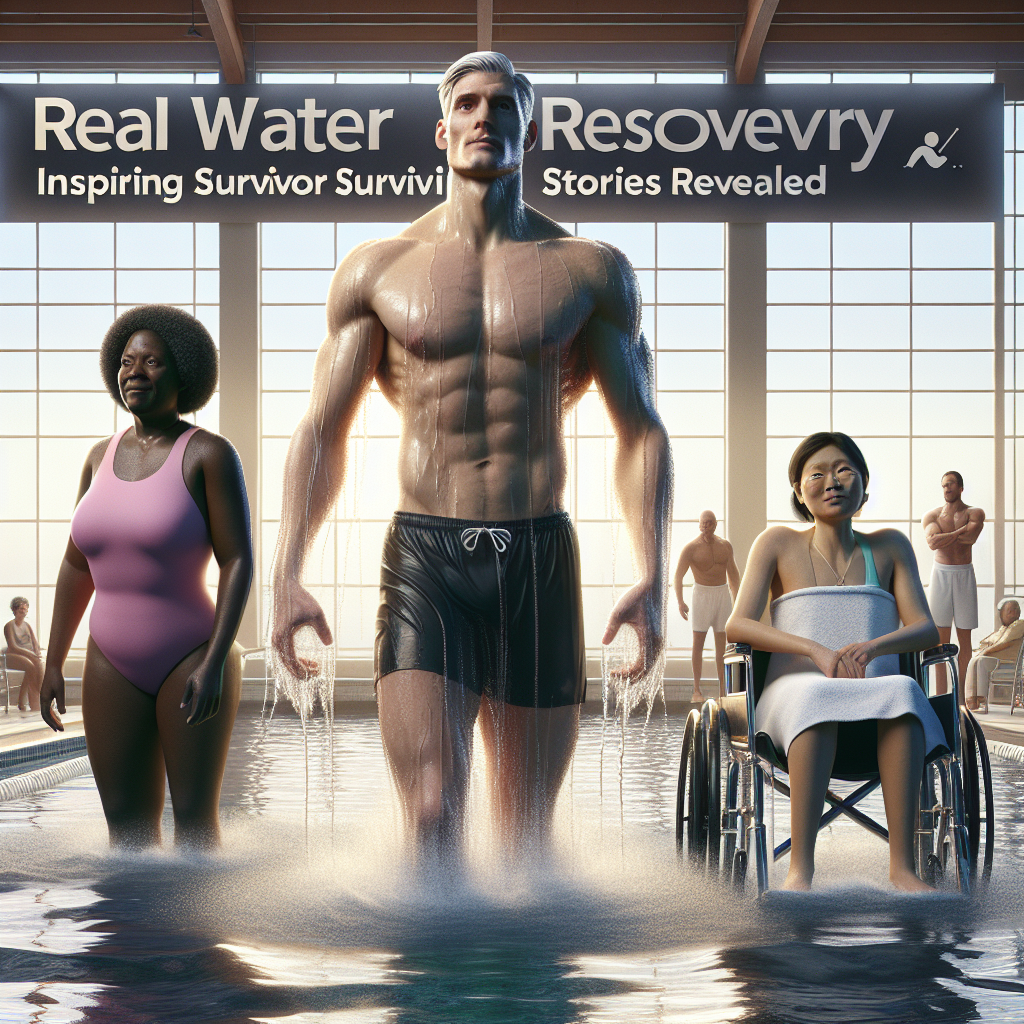 An inspiration scene depicting the stories of survival. A tall, white male athletic figure is just finishing a challenging swimming exercise, dripping but determined. Displayed next to him, a middle-aged, black woman looking resilient, recovering from water therapy exercises for her physical health. Moreover, there is a South Asian young woman in a wheelchair looking triumphant, having just completed her water-based exercises. The backdrop includes soft shadows and emphasizes natural light casting over an indoor swimming pool area. The words 'Real Water Recovery: Inspiring Survivor Stories Revealed' are boldly inscribed overhead.