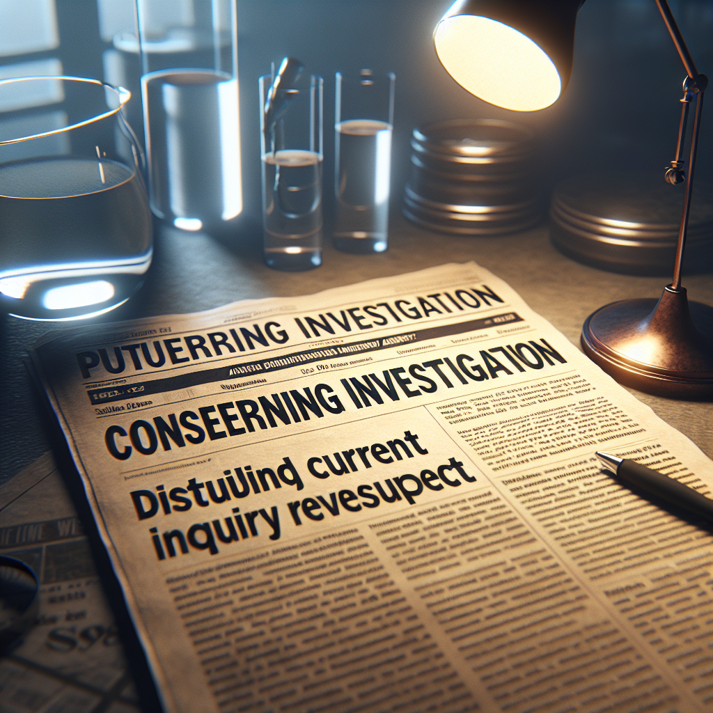 Generate a high-quality, photorealistic image with natural lighting and soft shadows. The scene shows a newspaper heading that reads 'Concerning Investigation: Disturbing Current Inquiry Revealed' with the subheading mentioning 'Purified Water Agency Suspect'. Ensure to make the setting atmospheric with an air of mystery.